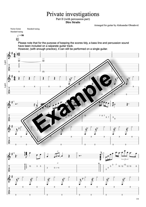 Private investigations by Dire Straights - Music Score and TABS for Solo Guitar Arrangement